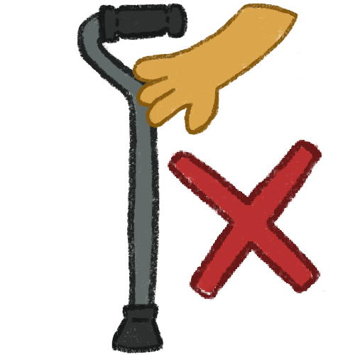 A grey offset handle cane with a yellow hand touching the cane. A red x is next to the cane.